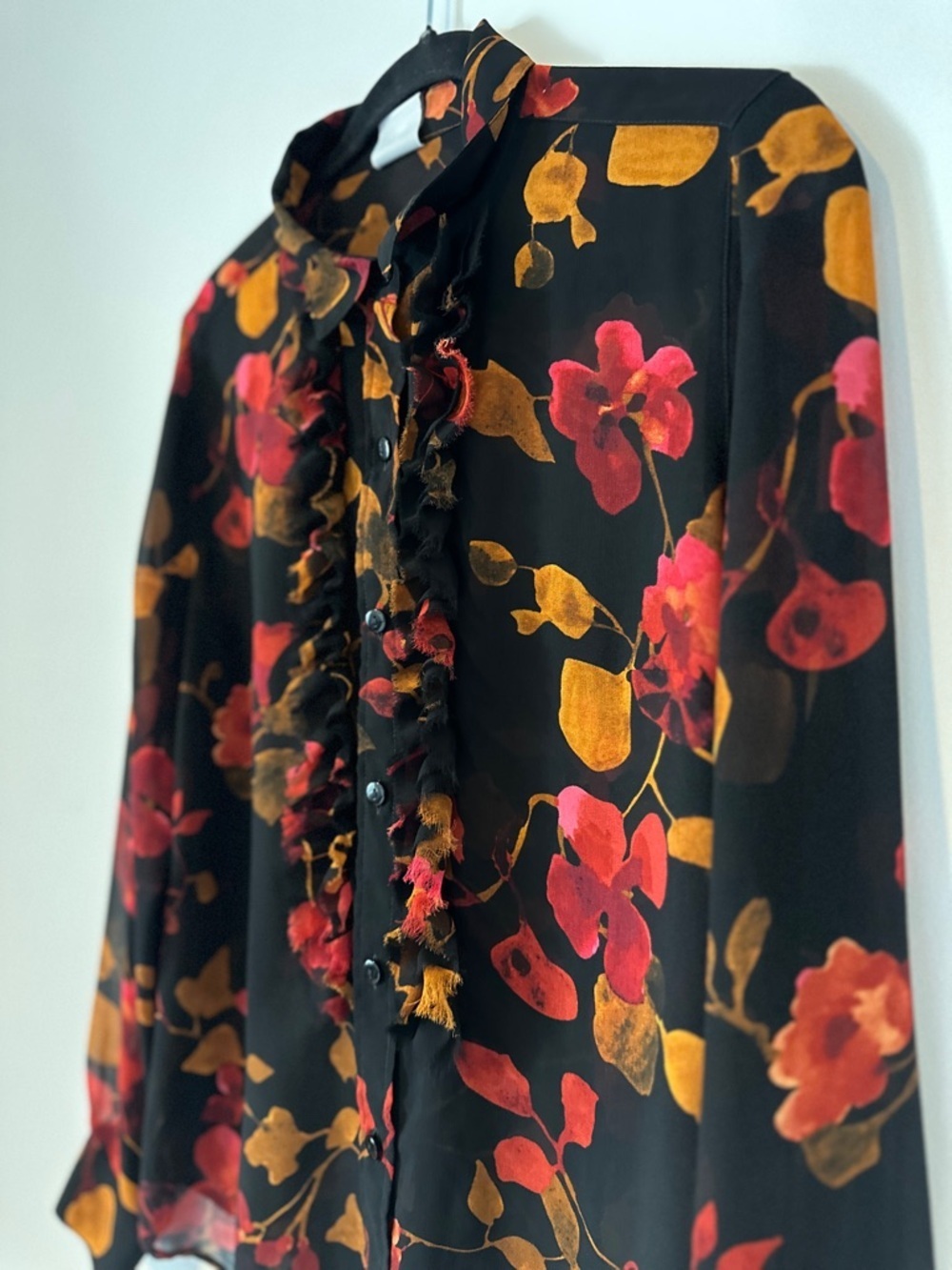 Gabi Sheer Floral Blouse Black Red Gold Ruffle Button Down Top Y2K Fall - Picture 4 of 15